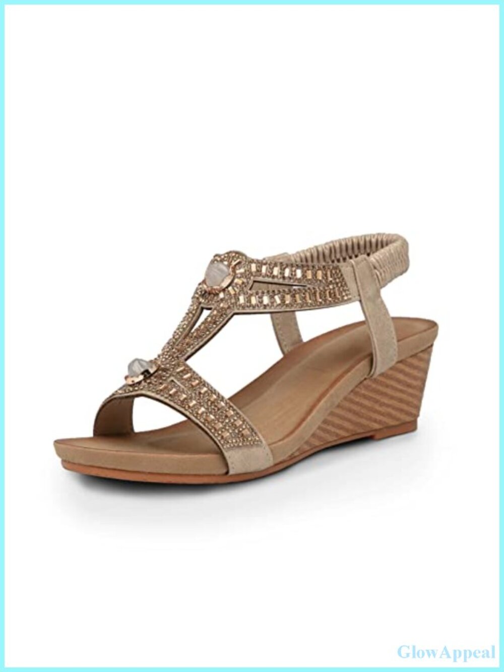 Wedge Sandals Faux Leather Rhinestone Open Toe Elastic Ankle Strap Women